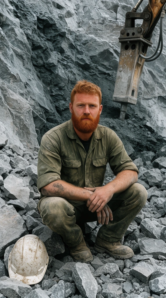 A red-bearded man in dusty olive work clothes crouches on shattered grey rocks before a massive, jagged rock face. His dirt-smeared arms rest on his knees, holding a direct gaze. A soiled hard hat sits on the rubble nearby, and the metal arm of a hydraulic rock breaker descends from the top right. Diffuse daylight highlights the gritty textures of the stone and his rugged appearance in this realistic documentary portrait.
