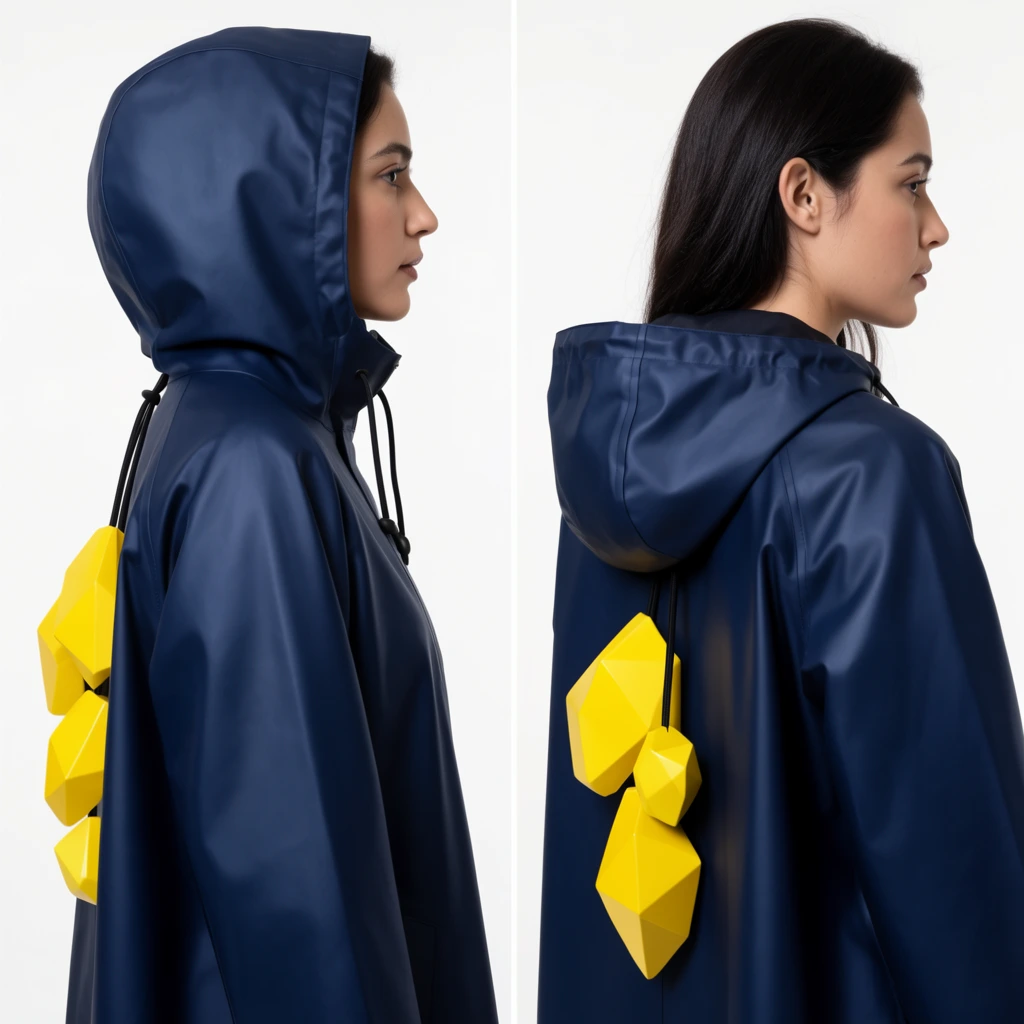 A diptych studio portrait of a woman modeling a navy blue raincoat against a plain white backdrop. The left frame shows her right-facing profile with the hood raised. The right frame captures a three-quarter back angle with the hood lowered, revealing long dark hair. The garment features distinctive bright yellow, faceted geometric shapes attached to black drawstrings dangling on the back. Crisp, even lighting emphasizes the subtle sheen of the synthetic waterproof fabric and highlights the striking color contrast between the dark blue coat and vibrant yellow sculptural accents.