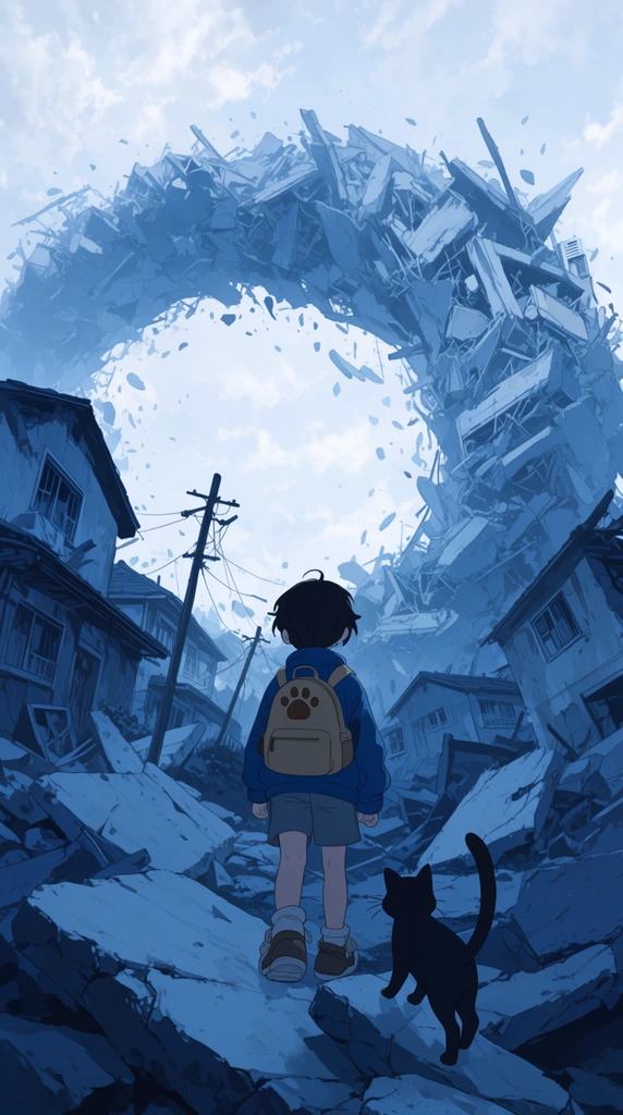 A young figure and a black cat stand amid shattered ruins, facing a colossal arching structure of debris. The person, viewed from behind, wears a blue jacket and a tan paw-print backpack, navigating fractured slabs. Leaning, dilapidated houses and tilted utility poles fill the midground. Above, a massive, gravity-defying ring of architectural fragments sweeps through a pale, cloudy sky. Rendered as an anime-style digital illustration, a cool monochromatic blue palette creates a melancholic atmosphere, while the low angle emphasizes the epic scale disparity between the tiny wanderers and towering wreckage.