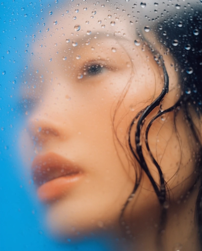 A close-up portrait of a woman's face viewed through a glass pane beaded with crisp water droplets. Her delicate features are softened by the hazy surface, revealing warm peach skin, full parted lips, and wet dark hair clinging in sinuous strands near her cheek. One eye gazes softly upward. A solid, vibrant sky-blue background frames her face, creating a striking warm-cool color contrast. Diffuse lighting highlights the crystalline texture of the spherical droplets in sharp focus against the ethereal, blurred rendering of the subject, capturing an intimate and moody cinematic atmosphere.