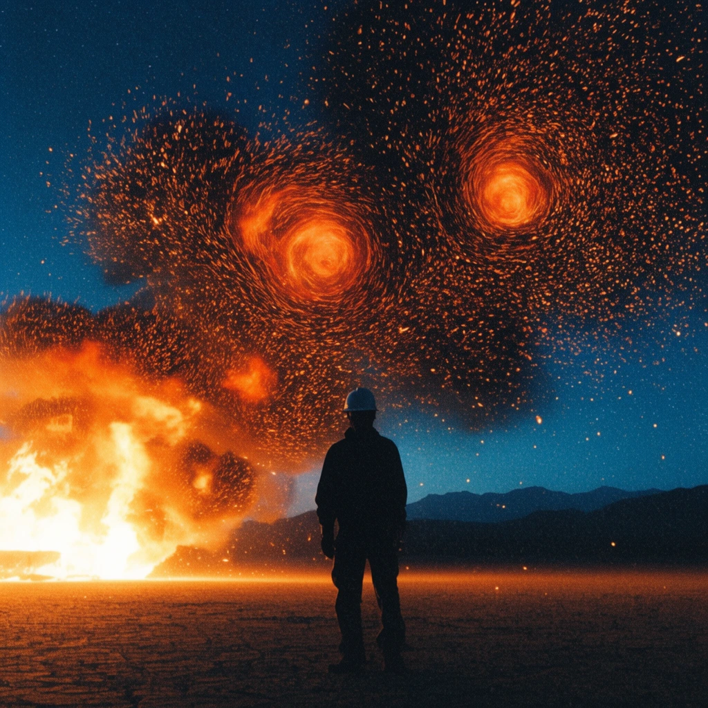 Silhouette of a figure in a hard hat on a flat desert, massive fire blazing on the left, glowing orange fire vortexes, thousands of bright embers filling a deep blue night sky, distant mountain silhouettes, heavy film grain, dramatic high-contrast cinematic lighting