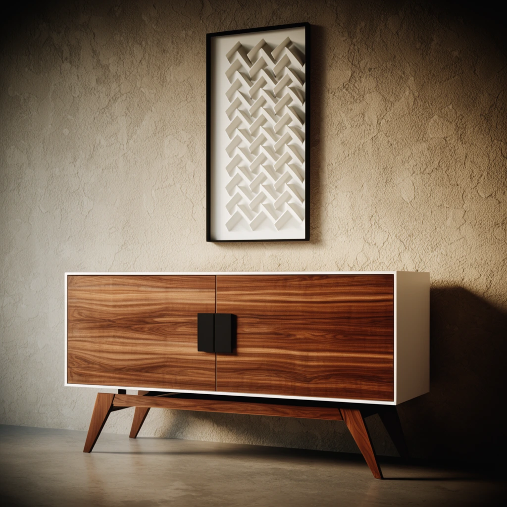 mid-century modern wooden credenza, rich horizontal walnut wood grain, white outer casing, black rectangular central handles, angled tapered legs, smooth concrete floor, heavily textured beige plaster wall, vertical black-framed wall art above featuring 3D white geometric herringbone folds, warm moody spotlighting, dramatic vignette, architectural visualization
