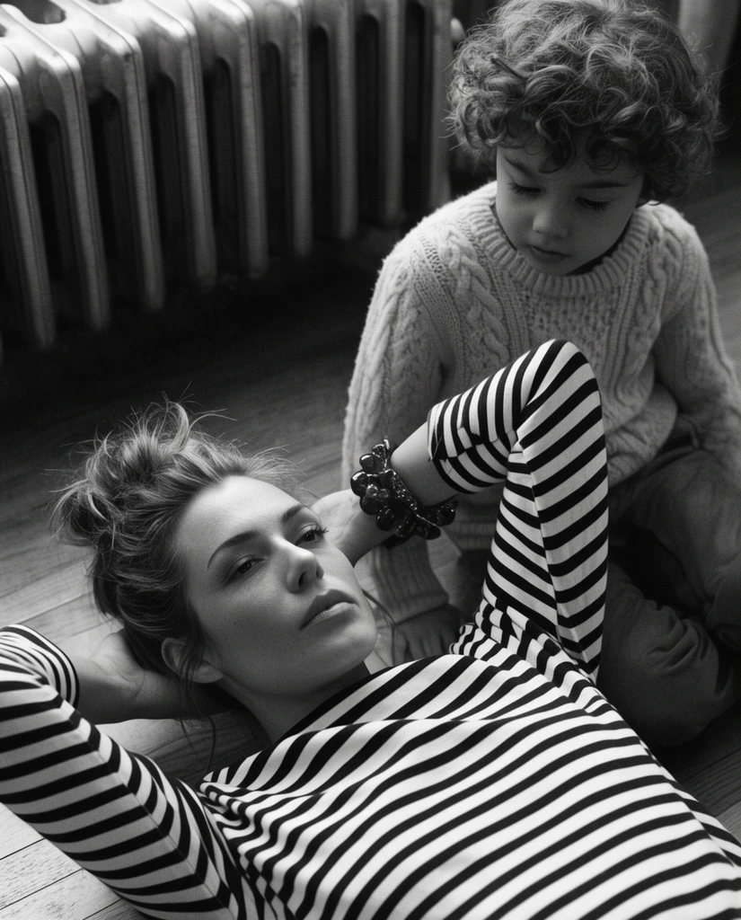 A grainy black and white film still of a woman with a messy bun lying on her back, hands behind her head, wearing a striped shirt and chunky bracelet. A young curly-haired boy in a cable-knit sweater sits beside her, gazing down. They rest on a hardwood floor near a vintage radiator, illuminated by soft diffused light that highlights the high-contrast monochrome tonal range, shallow depth of field, and intimate atmosphere.