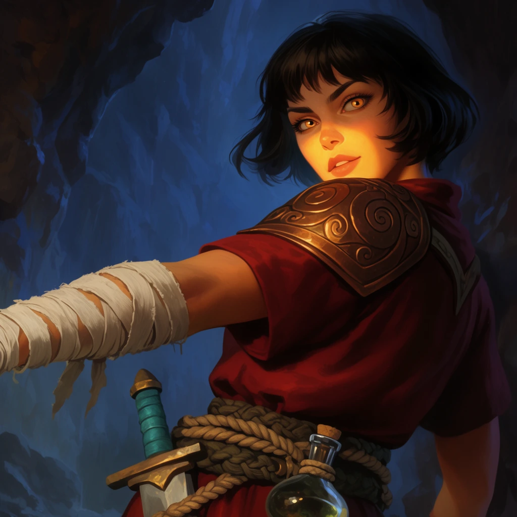 A female warrior with short dark hair and amber eyes glances over her shoulder in a dimly lit, blue-tinted cavern. She wears a crimson tunic with a bronze, swirl-embossed shoulder pauldron, and her extended arm is tightly bound in rugged white bandages. A thick braided rope belt secures a teal-hilted sword and a small glass flask. Warm golden light strongly illuminates her face, creating a striking chiaroscuro contrast against the cool, moody background. Rendered as a highly detailed, painterly digital fantasy illustration.