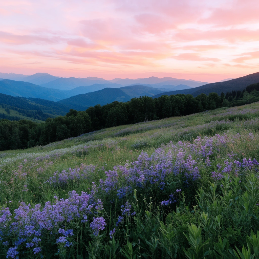 Lush alpine meadow blanketed in green grasses and clustered purple wildflowers. A dense band of dark trees spans the midground hills. Distant hazy blue mountains rise beneath a pastel sunset sky glowing with pink and orange clouds.