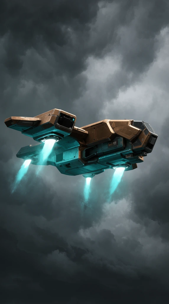 A heavy, blocky bronze and teal industrial dropship hovers horizontally against a turbulent, dark grey stormy sky. Bright cyan plasma exhaust flares intensely from four downward-facing thrusters. The wide, off-center composition captures the metallic vessel framed by thick cloud formations. The image features high contrast, sharp geometric vehicle angles, and dramatic atmospheric lighting in a modern digital concept art style.