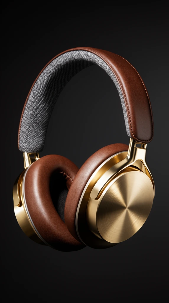 A premium pair of over-ear headphones suspended against a seamless matte black backdrop. The elegant design features rich brown leather ear cushions and a matching headband with a textured grey mesh underside. Polished gold metallic ear cups display a precise brushed concentric circular pattern, connected by gleaming gold yokes. Dramatic studio lighting highlights the supple leather, metallic sheen, and crisp fabric weave in a high-end product photography style with sharp focus and deep shadows.