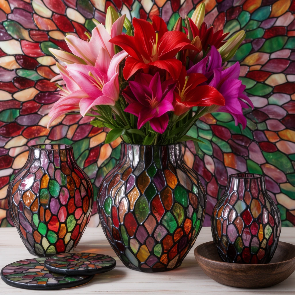 Three stained-glass vases and two flat mosaic discs rest on a pale wooden surface against a large matching circular stained-glass backdrop. The central largest vase contains a bright bouquet of red, pink, and magenta lilies. The glass objects display an organic scale-like mosaic pattern in translucent jewel tones of ruby, amber, emerald, and amethyst separated by thick black lines. The smallest vase sits inside a shallow dark wood bowl. Even lighting highlights the vibrant saturated colors and textured glass surfaces in this cohesive patterned composition.