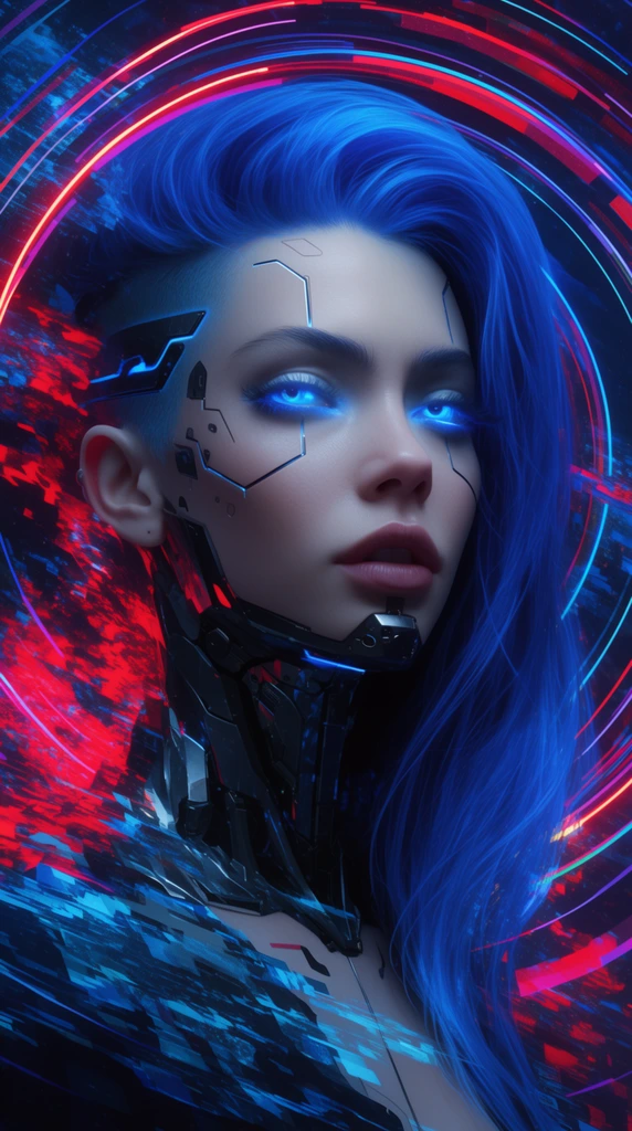 Cyberpunk female portrait, glowing blue eyes, flowing vivid blue hair, cybernetic facial lines, mechanical neck, abstract digital glitch background, floating concentric neon circles, red and blue energy splashes, highly detailed sci-fi digital art