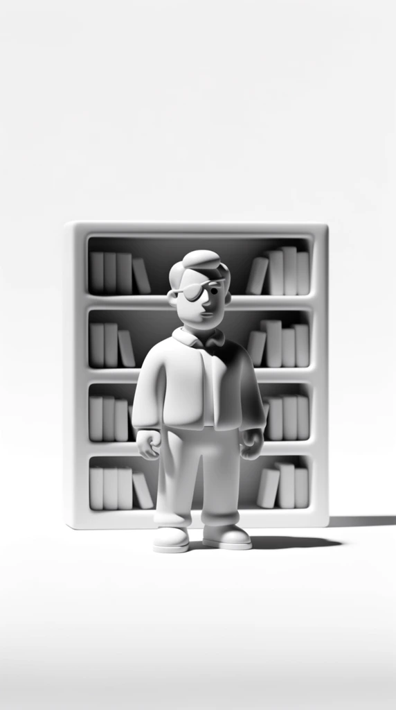A monochromatic, high-key 3D render of a man wearing an eyepatch standing in front of a bookshelf, crafted in a smooth, matte claymation or designer vinyl toy aesthetic. The subjects are rendered entirely in high-contrast grayscale, featuring pristine, uniform surfaces with soft, rounded edges. The bookshelf consists of simplified, blocky geometric volumes acting as the books. Strong, directional overhead studio lighting strikes the figures, creating soft specular highlights on the prominent features and casting sharp, distinct dark drop shadows directly underneath onto the ground surface. The scene is set within a seamless, stark white infinity cove, utilizing an extreme minimalist composition with expansive, bright white space dominating the top and sides of the frame. The rendering technique produces continuous, ultra-smooth gradients from pure bright whites to deep, dense blacks, emphasizing form and volume through purely digital, high-fidelity light manipulation.