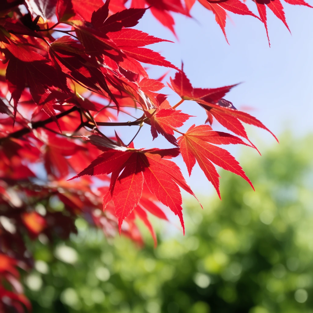 vibrant red maple leaves, translucent foliage illuminated by bright backlighting, slender branches, shallow depth of field, pale blue sky, lush out-of-focus green bokeh, vivid color contrast, macro nature photography