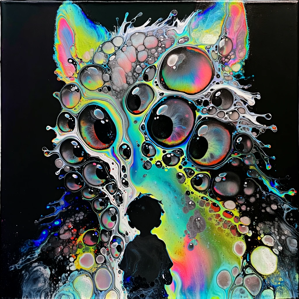 small boy silhouette standing before a towering multi-eyed furry beast, rendered as a high-contrast fluid acrylic pour, creature fur composed of swirling iridescent neon tendrils and organic cell clusters in electric cyan, magenta, and acid lime, dozens of globular eyes resembling glossy oil-slick bubbles with sharp specular highlights, the boy as a deep matte black void, background as opaque obsidian negative space, macro-photography of viscous marbling, vibrant pearlescent liquid dynamics