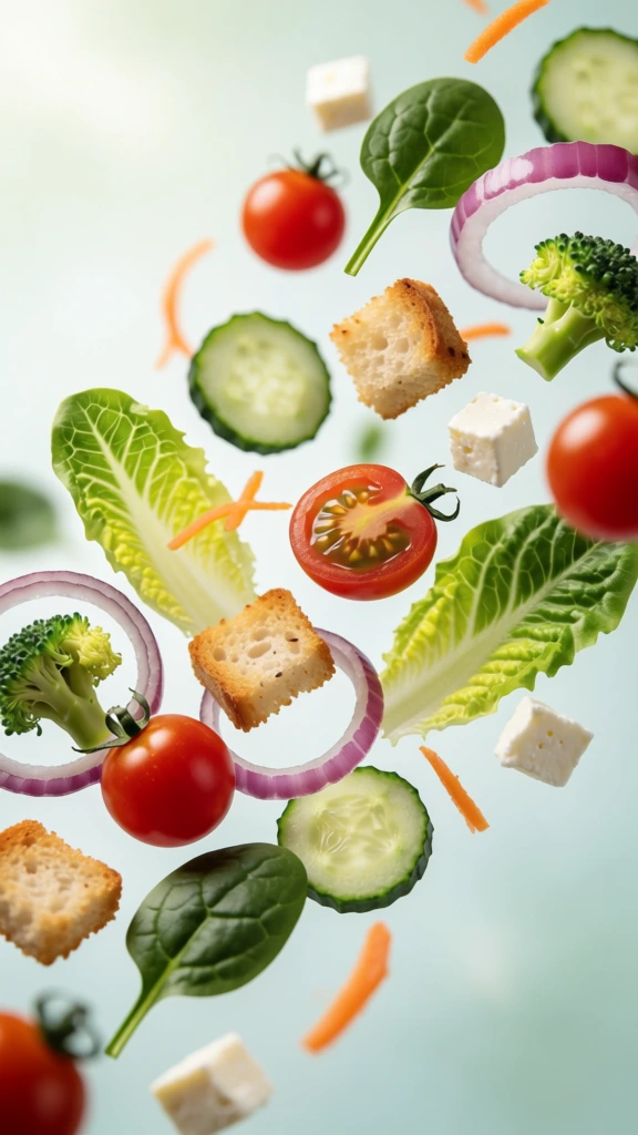 floating fresh salad ingredients, photorealistic food photography, bright airy clean vibe