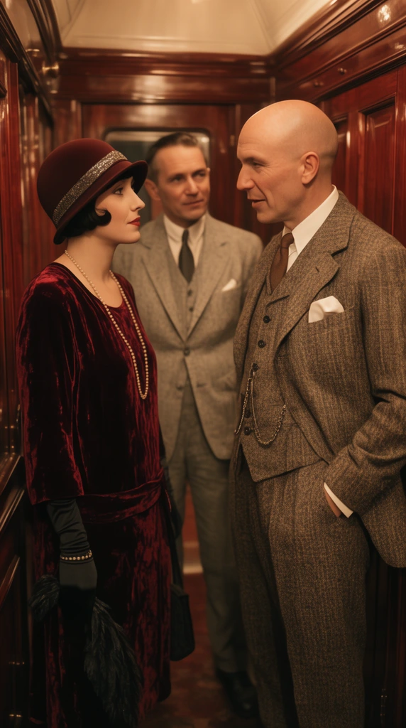 Three figures converse in a 1920s mahogany train cabin under warm sepia lighting. A woman in a burgundy velvet dress and cloche hat looks at a bald man in a tailored tweed suit. Another man in light grey wool stands behind them.