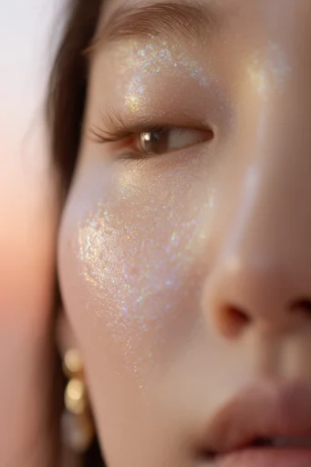 Luminous Cyber Glitz style reference image — iridescent glitter makeup