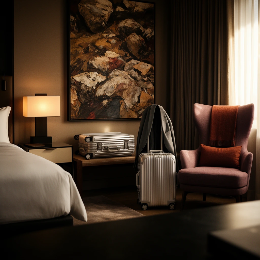A sophisticated hotel room interior featuring two silver, ridged hard-shell suitcases. One rests horizontally on a low wooden bench, while the other stands upright with a grey suit jacket draped over its handle. Above the bench hangs a large abstract painting of textured earth and rocks. A mauve wingback chair sits to the right, styled with a rust-colored throw and lumbar pillow. Heavy curtains flank a bright window, casting dramatic, warm light across the room. On the left, a bed with white linens neighbors a modern nightstand holding a glowing rectangular lamp. A dark, blurred surface occupies the immediate foreground, framing this cinematic, moody composition.