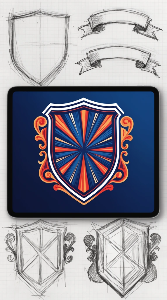 A collage showcasing the design process of an ornate emblem. Rough graphite sketches of shield contours, curved ribbons, and structural geometric forms on grid paper surround a digital tablet. The glowing screen displays a polished vector crest featuring radiating lines in white, deep blue, bright red, and warm amber. Loose hand-drawn pencil linework and energetic hatching contrast with the sleek, brightly colored digital mockup.