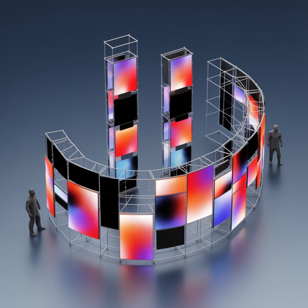 A high-angle 3D architectural visualization of a modular exhibition structure sweeping in a semi-circular curve against a seamless dark blue-grey studio backdrop. The installation is constructed from a slender silver metallic wireframe grid. Embedded within this scaffolding are glowing square and rectangular panels displaying vibrant, halftone dotted gradients in vivid red, orange, purple, and blue, contrasting with interspersed opaque black panels. Two tall vertical towers rise near the center, stacked with luminous screens. Two dark grey, low-poly human figures stand beside the framework to establish scale. The structure rests on a sleek, subtly reflective floor casting soft, diffused shadows across the pristine, minimalist setting.
