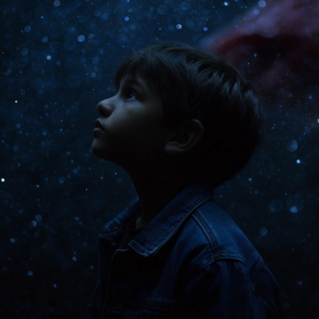 young boy in profile looking upward, wearing a denim jacket, dimly lit face emerging from deep shadows, dark background textured with glowing bokeh particles resembling a starry night sky, faint reddish blur in upper right, deep cool blue palette, low key cinematic lighting