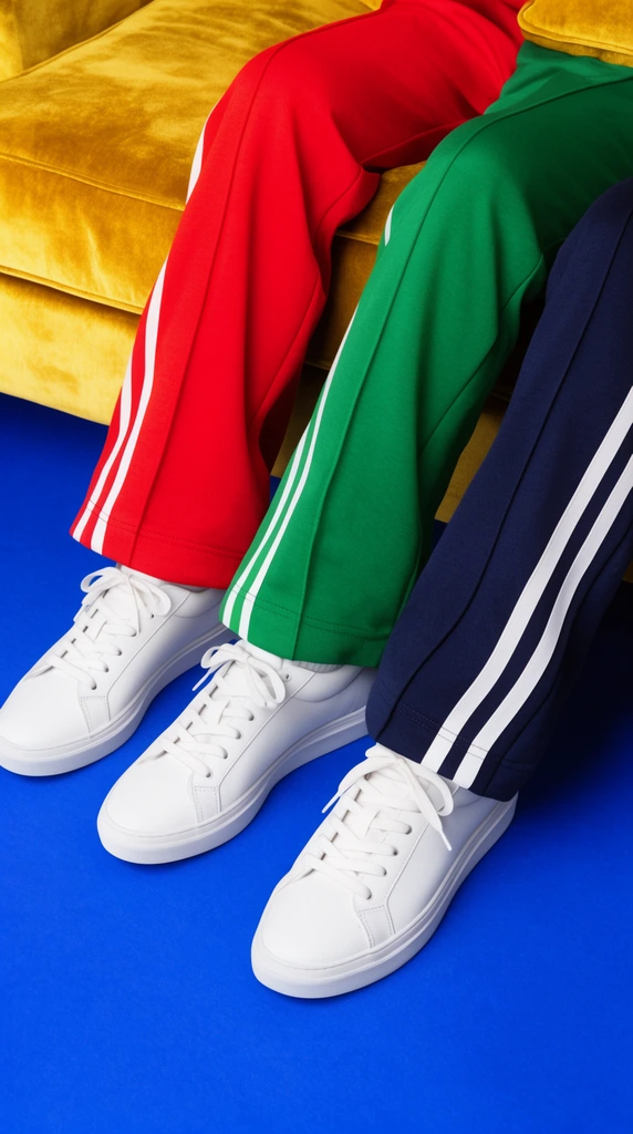 legs in red, green, and navy track pants with white side stripes, crisp white low-top sneakers, mustard yellow velvet cushion, cobalt blue floor, high angle view, vibrant color blocking