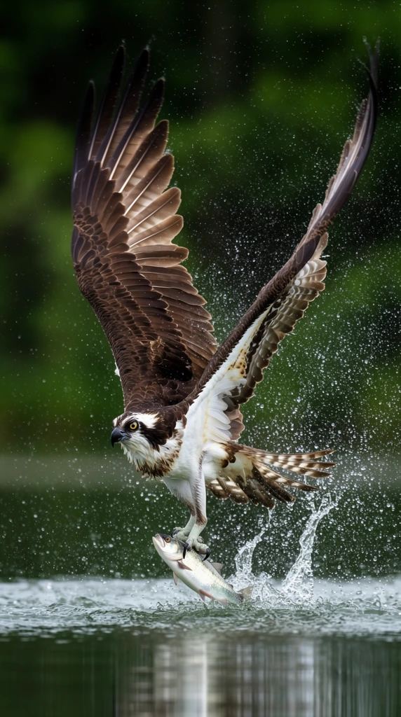 large osprey launching from a lake with a silver fish gripped in its talons, wings fully extended upwards in a dramatic V-shape, wet dark brown and white plumage, sharp yellow eye, explosive water splash frozen mid-air, thousands of crisp water droplets suspended around the bird, rippling dark green water with soft reflections, heavily blurred dark green forest background, high-speed wildlife photography, telephoto lens, shallow depth of field, sharp focus