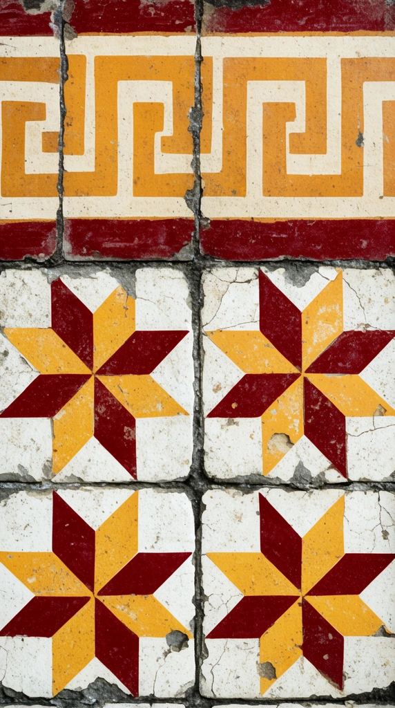 Weathered ceramic tiles with geometric patterns in ochre, dark red, and off-white. The top section features a continuous Greek key motif bordered by thick red stripes. The bottom shows square tiles centered with eight-pointed stars made of alternating red and yellow diamond shapes. The distressed surface has visible cracks, chips, and dark porous grout lines.