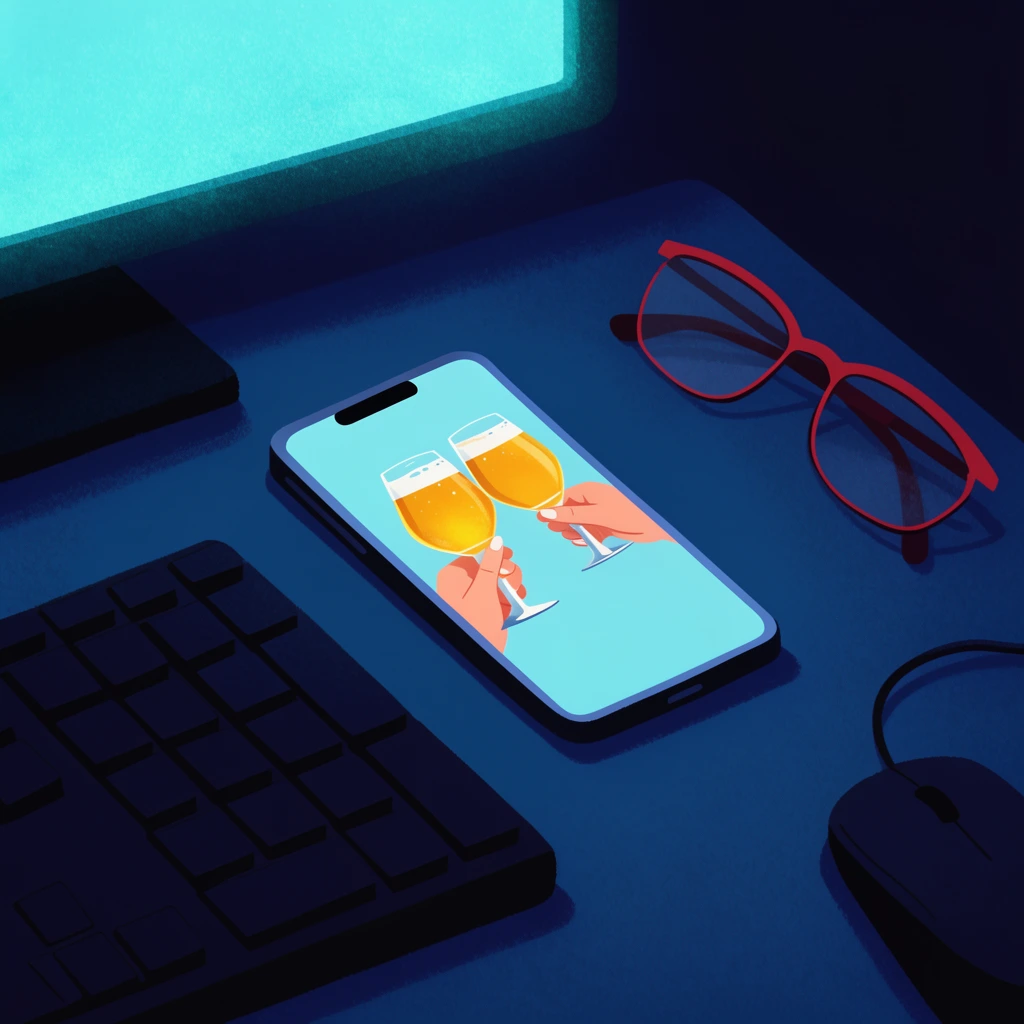 A dark desktop illuminated by the cyan glow of a monitor. A smartphone lies flat in the center, its bright screen displaying two hands toasting stemmed glasses of golden beer. A black keyboard, red-rimmed eyeglasses, and a wired mouse rest in deep blue shadows. 2D digital illustration with flat colors, soft moody lighting, and a grainy texture.