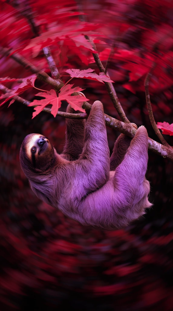 A sloth hangs upside down from a tree branch, its fur tinted with surreal purple and magenta hues. The sharply focused animal gazes upward. Surrounding branches and jagged reddish-pink leaves are heavily distorted by extreme directional motion blur, forming a swirling vortex of deep red and dark shadows that contrasts the static, brightly colored subject.