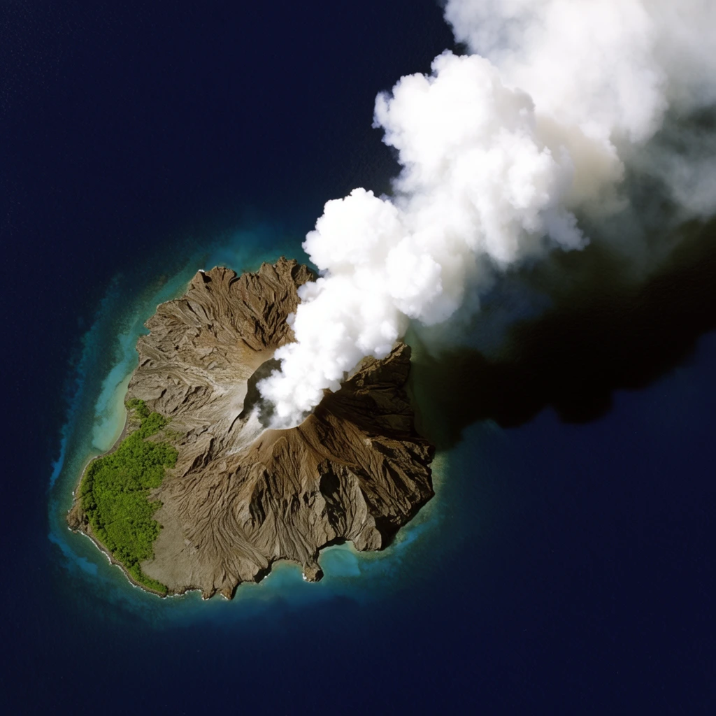 A top-down satellite view of an actively erupting volcanic island in a deep navy ocean. The rugged terrain features textured brown rock and a patch of vibrant green vegetation on its western coast, fringed by shallow turquoise waters. A massive, billowing plume of bright white smoke vents forcefully from the central crater, streaming diagonally toward the upper right and casting a stark, elongated shadow across the dark sea.