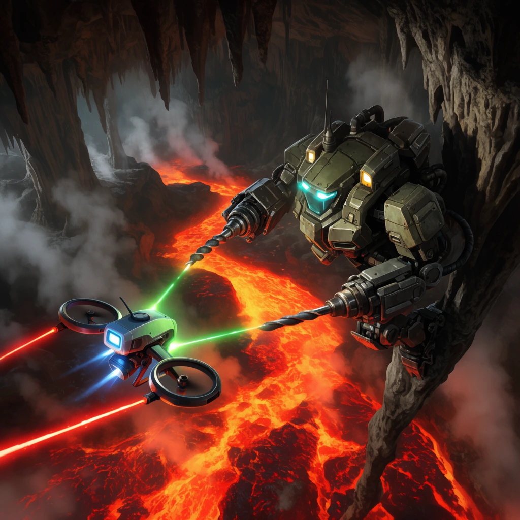 A glowing drone hovers inside a subterranean cavern, firing lasers at an armored mining mech. The bulky mech extends hydraulic drills toward the nimble drone while clinging to a jagged stalactite above a magma river. Steam rises through the dimly lit cavern. Rendered as a cinematic digital painting with dynamic action, high-angle perspective, and dramatic lighting.