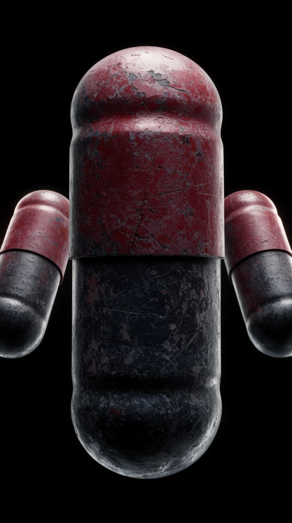 Three distressed capsule pills, solid black background, large vertical center pill, two smaller flanking pills angled inward, half faded crimson, half dark charcoal, heavily scratched surfaces, chipped paint, macro photography, dramatic rim lighting, gritty industrial texture