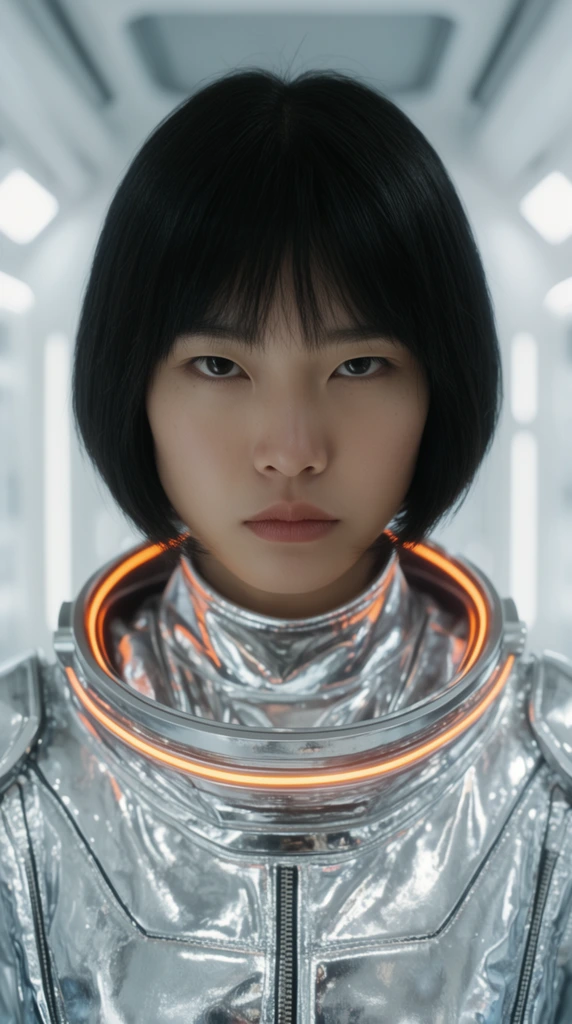 A cinematic close-up of a young East Asian woman with a sleek black bob staring directly into the lens with an intense, stoic glare. She wears a high-tech metallic silver spacesuit accented with glowing orange lines around the collar. Bright, sterile lighting illuminates her face and creates sharp specular highlights on the reflective suit. The blurred background reveals the pristine white walls of a futuristic corridor. Shot with a shallow depth of field, the composition highlights the crisp textures of the gear and her resolute expression, establishing a pristine science fiction atmosphere.