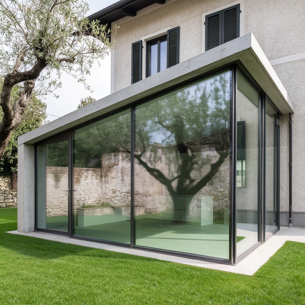 A modern glass and concrete architectural pavilion extends from a traditional stucco house onto a pristine green lawn. The contemporary structure features expansive floor-to-ceiling glass panels set in dark metal frames beneath a thick, angled concrete roof. Highly reflective windows mirror a large, gnarled tree and a weathered stone boundary wall while revealing a minimalist interior space. The older background building features dark window shutters and a textured pale facade, contrasting heavily with the sharp geometric lines of the new addition. Crisp architectural photography shot in bright, diffused daylight with a wide-angle lens to emphasize the juxtaposition of historic masonry and sleek contemporary materials.