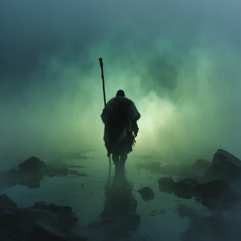 lone wanderer carrying a tall staff, draped in heavy furs, traversing a shallow reflective marsh, engulfed in dense luminous teal and emerald green fog, stark dark silhouette against bright atmospheric haze, scattered jagged rocks in the foreground, cinematic wide shot, symmetric center framing, minimalist composition