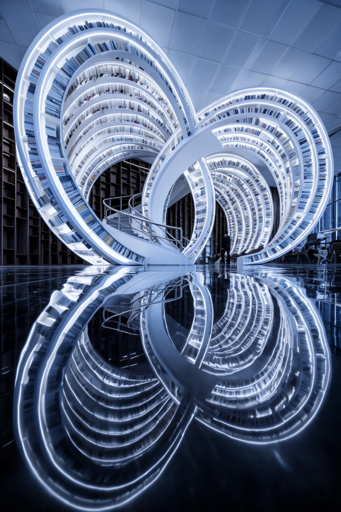 A futuristic architectural interior featuring massive interlocking circular bookshelves resembling giant mechanical gears. Sweeping ribbon-like white shelving structures loop in a continuous figure-eight pattern, illuminated by integrated bright white LED strips highlighting curved rows of densely packed books. A glossy polished black floor acts as a perfect mirror, reflecting the glowing circular forms to create a mesmerizing illusion of infinite cylindrical tunnels. A curving staircase with metallic handrails connects the dual loops. Dark wooden vertical shelves and a gridded drop ceiling in the background contrast with the brilliant white central structures. Distant silhouetted figures emphasize the colossal scale. The ultra-wide angle composition uses a cool monochromatic blue and silver color palette to enhance the surreal atmosphere.