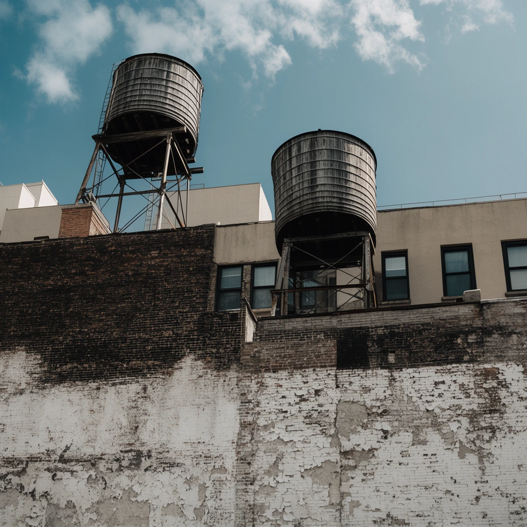 Two weathered wooden water towers on metal scaffolding rise above a layered urban building against a bright blue sky with scattered clouds. The architectural facade is a patchwork of gritty textures, featuring a heavily peeling white brick wall in the foreground, a dark raw brick mid-section, and a smooth beige upper level with dark rectangular windows. Shot from a low angle, the cinematic urban photography emphasizes distressed surfaces with sharp natural sunlight and a desaturated color palette.