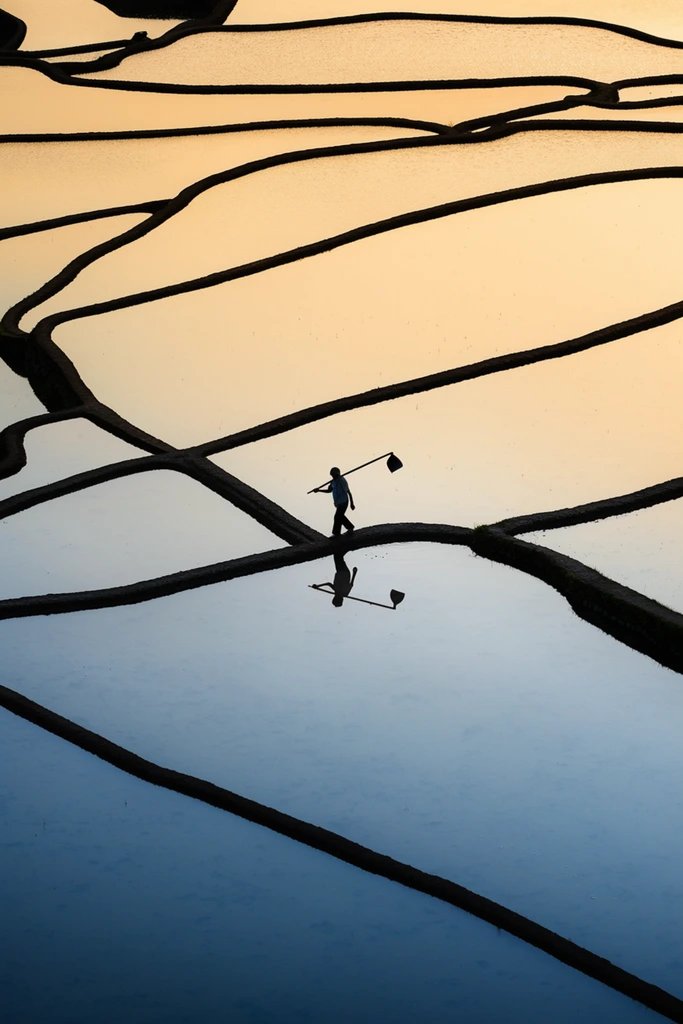 abstract elevated view of flooded terraces, stark dark intersecting ridges creating geometric shapes, still water reflecting a warm gold and cool blue sky gradient, tiny silhouetted figure carrying a long tool walking on a narrow ridge, perfect mirror reflection in the water, minimalist high contrast photography