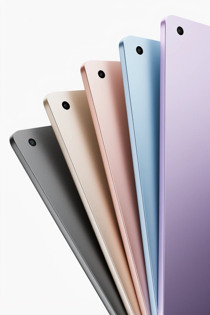 Five sleek, ultra-thin digital tablets with anodized metallic finishes are fanned out diagonally against a stark white background. The overlapping rectangular devices angle upward from left to right, showcasing a gradient of matte hues: graphite, champagne, rose gold, sky blue, and lavender. Each tablet features a single small circular camera lens in the upper corner, flat back panels, and smoothly rounded edges. Soft, diffused studio lighting highlights the pristine, modern industrial design.