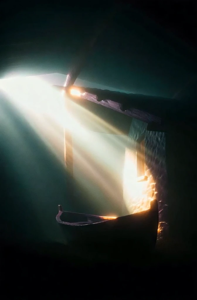 cinematic moody shot of a rustic stone house and wooden boat under a shed, bathed in an intense diagonal beam of volumetric light, ethereal god rays piercing through a dark atmospheric haze, high contrast chiaroscuro composition, deep teal and charcoal shadows, brilliant warm golden and white blooming highlights, soft focus dreamlike quality, cinematic lens flare, textured masonry and weathered timber catching light, minimalistic and mysterious aesthetic, misty textures, low key lighting