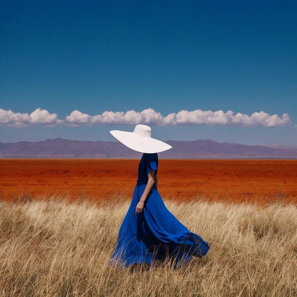 A figure in a vibrant blue dress and wide-brimmed white hat walks through a multi-layered landscape. The flowing, ankle-length cobalt gown billows slightly at the hem, paired with an oversized stark white sun hat that obscures the head. The subject wades through a foreground of tall, dry golden grasses, backed by a striking horizontal band of rust-orange terrain. In the distance, a hazy purple mountain range spans the horizon, capped by a single straight row of fluffy white clouds beneath a massive, clear blue sky. The composition features stark horizontal color blocking, contrasting the deep blue garment against warm earth tones. Shot from a wide perspective with bright natural daylight, creating a minimalist, editorial aesthetic.