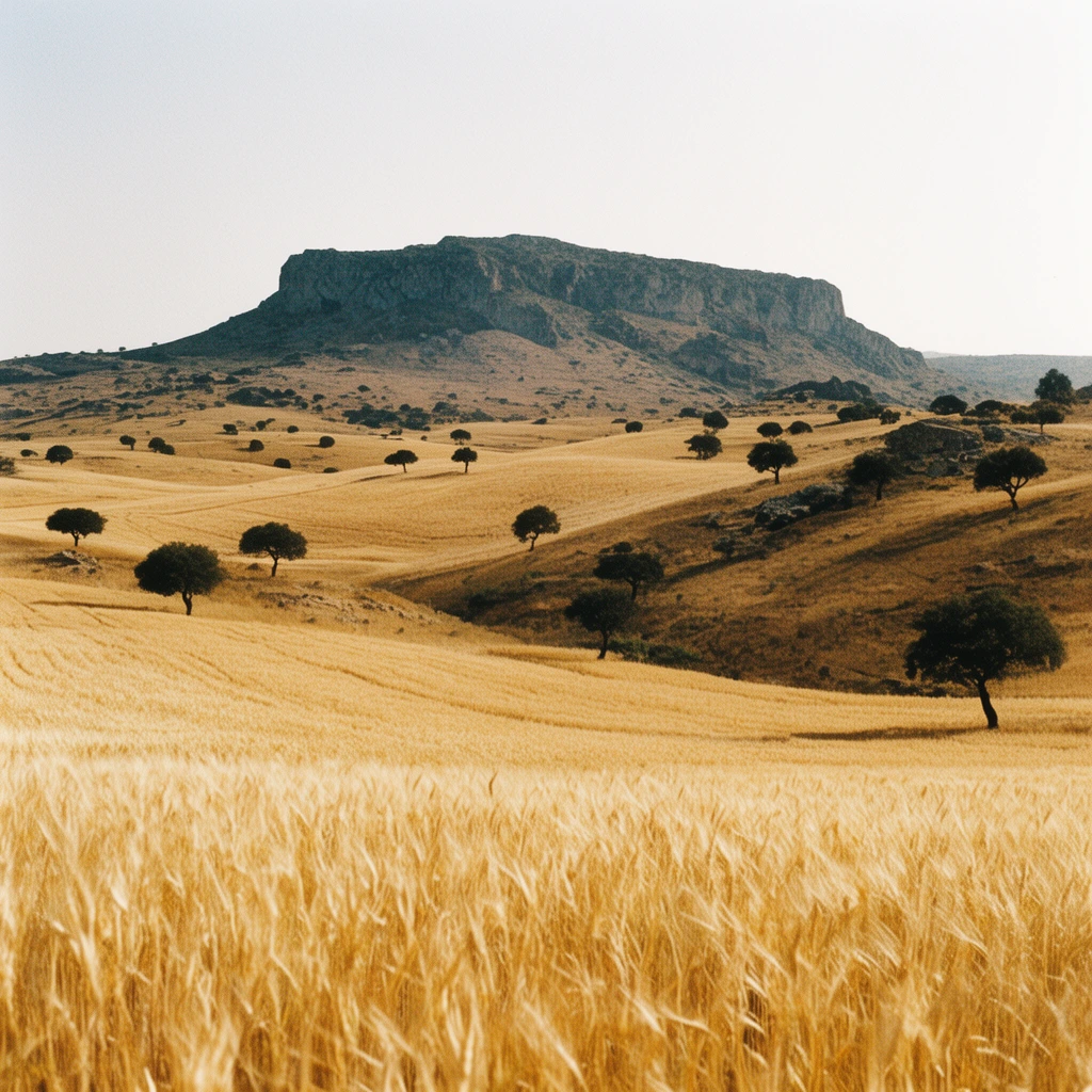 Sweeping golden wheat fields fill the foreground, leading to rolling hills dotted with isolated dark trees. A rugged, flat-topped mountain anchors the horizon beneath a pale, featureless sky. Shot on 35mm film featuring prominent grain, warm earth tones, and high contrast from bright, diffused natural sunlight.