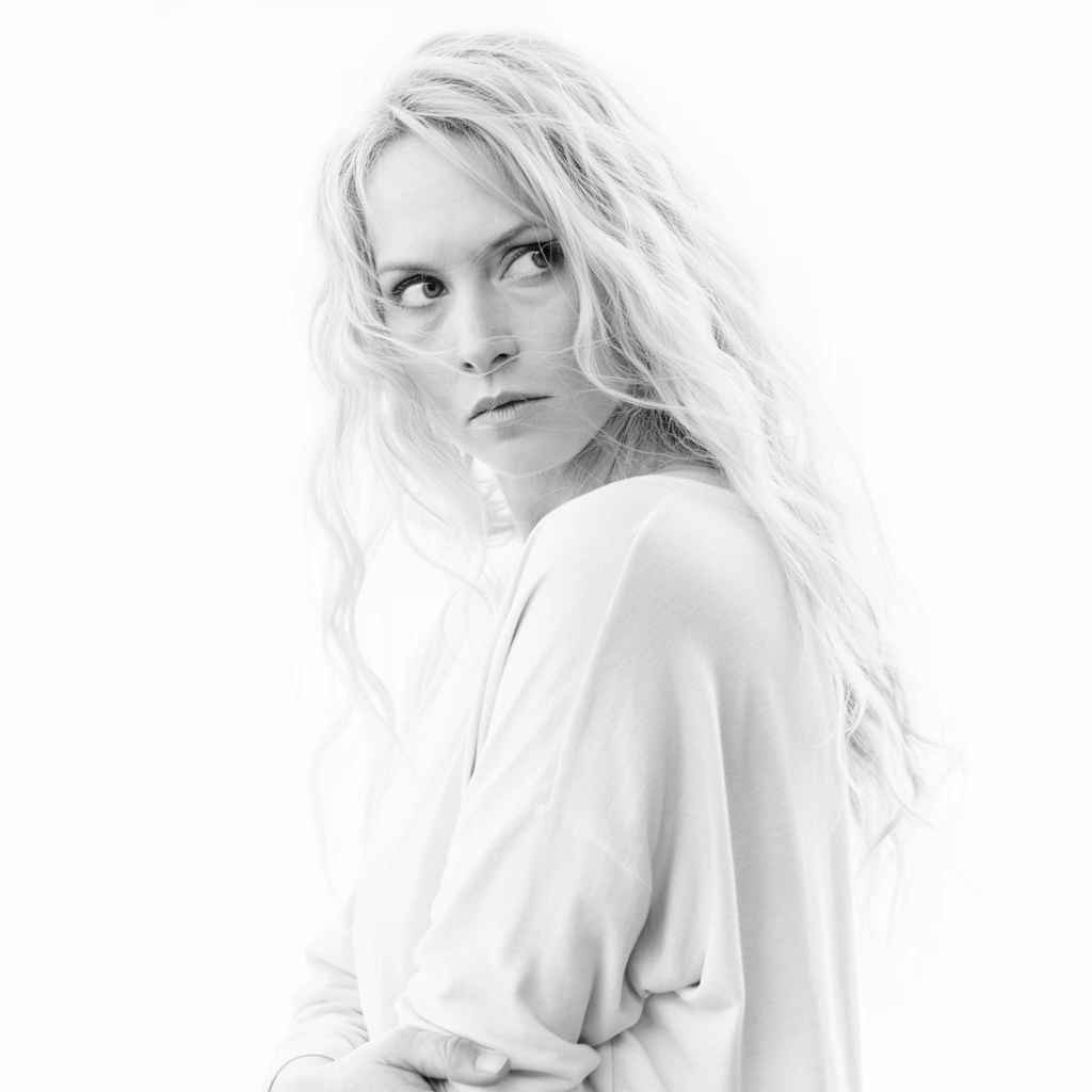 A high-key black and white studio portrait of a woman looking thoughtfully over her shoulder against a stark white background. She has long, wavy, light-colored hair with loose strands blowing across her serious face. Her torso is angled away while her head turns sharply back, directing an intense gaze off-camera. She wears a plain, loose-fitting, light-toned long-sleeved shirt with her arm folded across her waist. The monochrome photography utilizes bright, soft, diffused illumination that renders the background pure white. This intense lighting creates a delicate visual effect where the edges of her bright hair and pale fabric softly merge with the surrounding negative space, forming an airy, ethereal composition.
