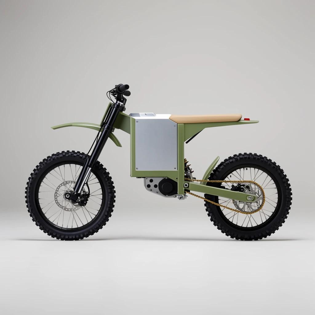 A minimalist electric dirt bike in profile against a seamless light gray studio backdrop. Its geometric design features a silver rectangular power unit, olive green frame, flat tan seat, and matching high-clearance fenders. Black suspension forks, knobby tires on wire-spoke wheels, and a gold chain emphasize its rugged yet modern aesthetic under soft, even product lighting.