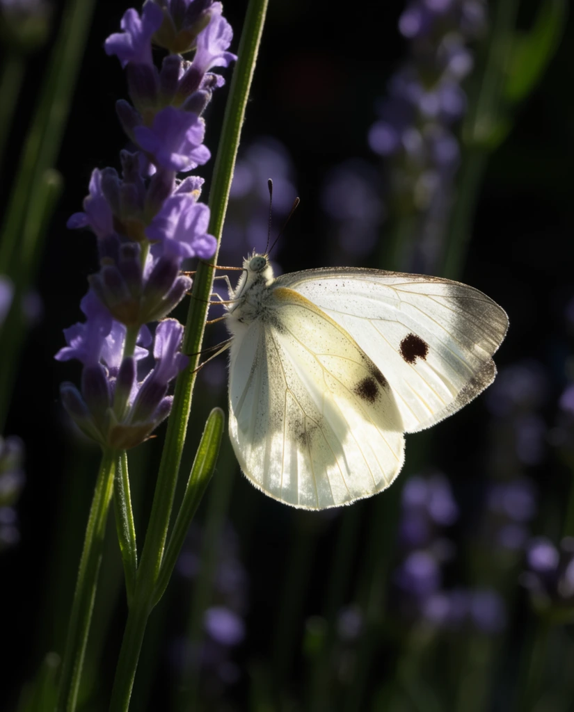 White butterfly with black spots resting on a green stem beside blooming purple lavender, macro photography, sunlit translucent wings, dark blurred background, shallow depth of field, high contrast natural lighting