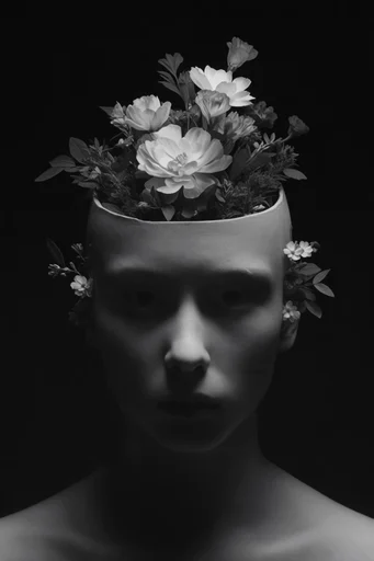 Monochromatic Surrealist Noir style reference image — minimalist dark background