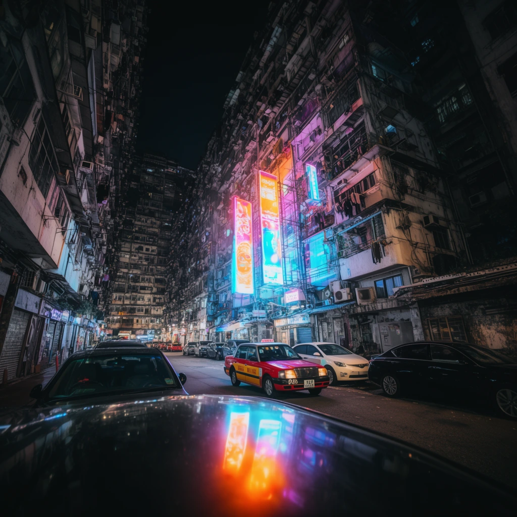 A dense urban street canyon at night glows brilliantly under towering vertical neon structures. The immediate foreground features the glossy roof of a dark parked car, acting as a mirror that vividly reflects a pool of fiery orange and bright cyan light from the hanging displays above. Down the narrow asphalt road, a boxy red and yellow taxi navigates past parked white and black sedans. The avenue is deeply recessed between massive, tightly packed multistory concrete apartment blocks extending high into the dark sky. These building facades are heavily textured with countless protruding air conditioning units, narrow balconies, and draped laundry. Captured with a wide-angle lens from a low perspective, the cinematic nighttime photography emphasizes the imposing, claustrophobic architecture. The dramatic scene features striking contrasts between deep, shadowy blacks and saturated neon cyan, magenta, and orange illumination washing over the gritty infrastructure.