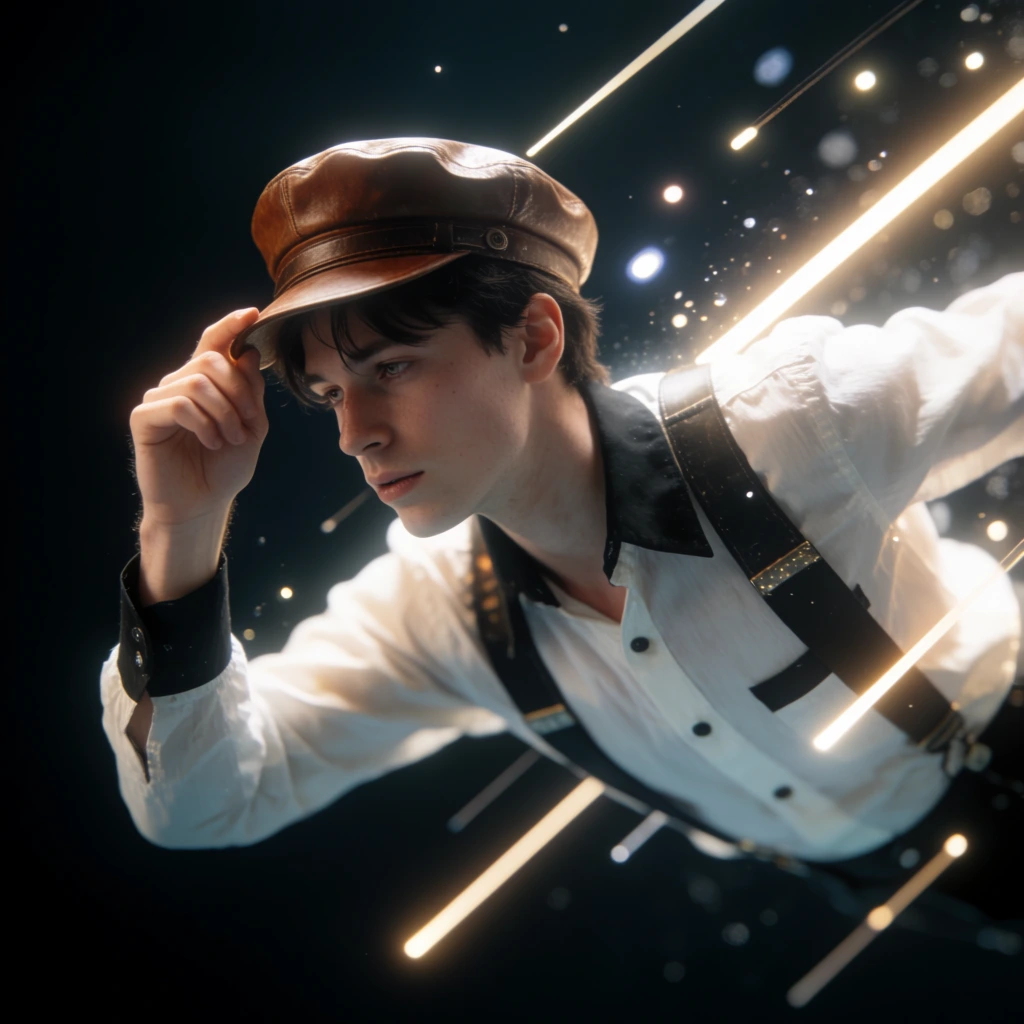 young man floating horizontally in a dark void, right hand touching brim of a brown leather cap, wearing a white shirt with black accents and dark suspenders, glowing diagonal light streaks passing by, floating luminous particles, cinematic sci-fi lighting, soft focus, dynamic motion blur