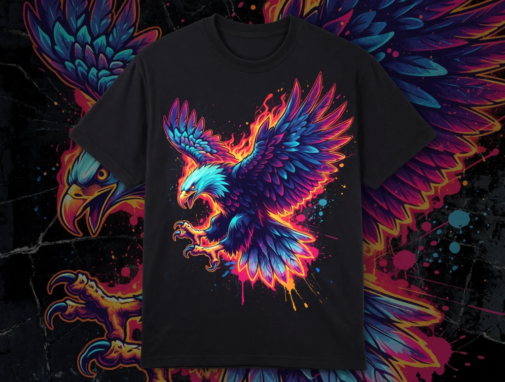 Black t-shirt displaying a dynamic neon eagle illustration, glowing cyan magenta and deep blue feathers, fiery orange aura, outspread talons, paint splatters, flat lay on dark distressed cracked background with faint ghostly eagle overlay
