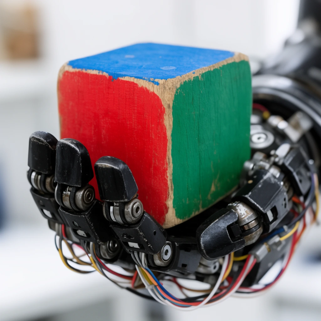 An articulated black robotic hand with exposed wiring and metallic joints cradles a solid wooden block featuring brightly painted red, blue, and green faces. A shallow depth of field sharply isolates the textured mechanical fingers and worn wood against a heavily blurred, bright white indoor environment.