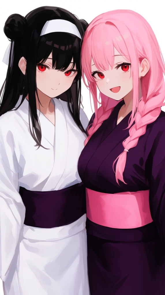 Two anime-style women stand closely against a white background. The left figure features long black hair with side buns, a white headband, red eyes, and a white yukata with a dark purple obi. The right figure has long pink braided hair, matching red eyes, a cheerful smile, and a dark purple yukata with a pink obi. The medium close-up emphasizes their contrasting palettes and traditional attire using soft digital shading.